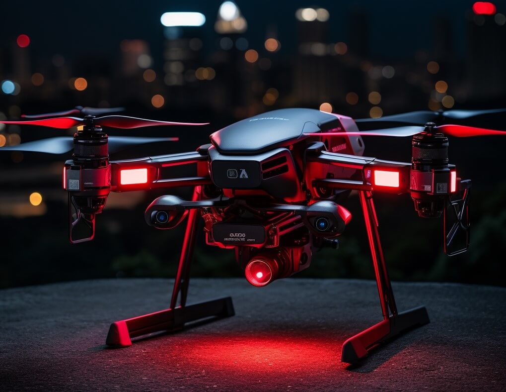 A Police drone at night, red lights