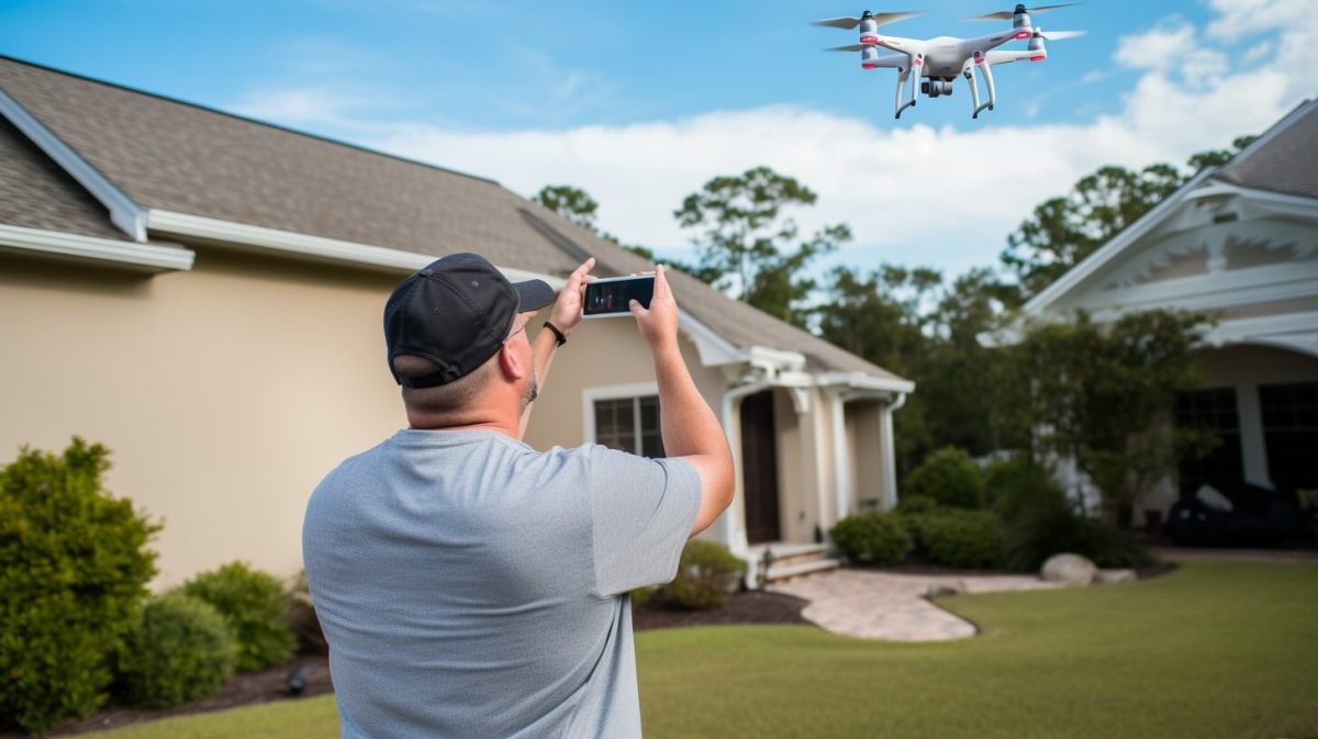 Home owner taking pictures of a flying drone