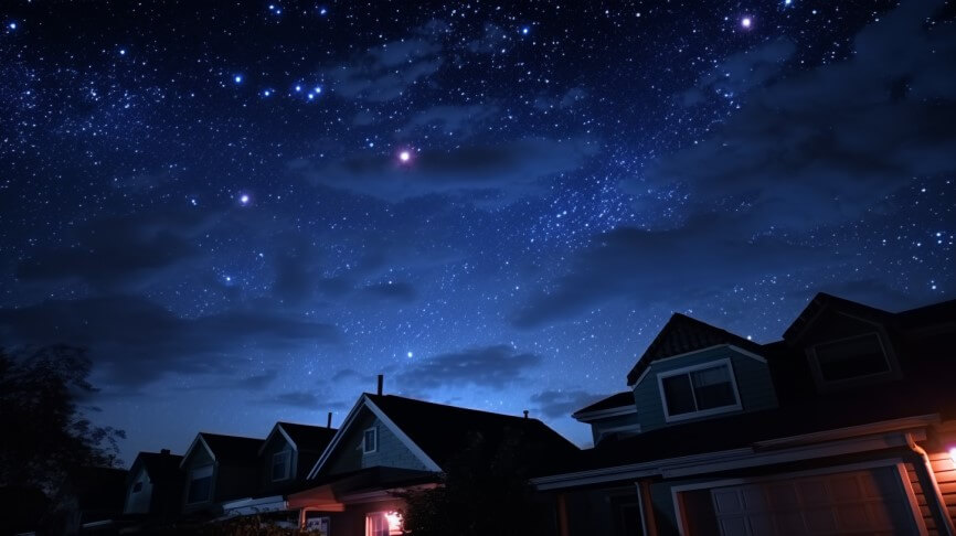 Houses at night stars on a dark sky